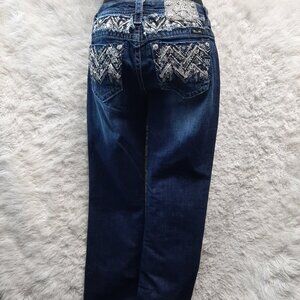 Miss Me Women's Blue Signature Rise Bootcut Distressed Y2K Rhinestone Flap Pocke